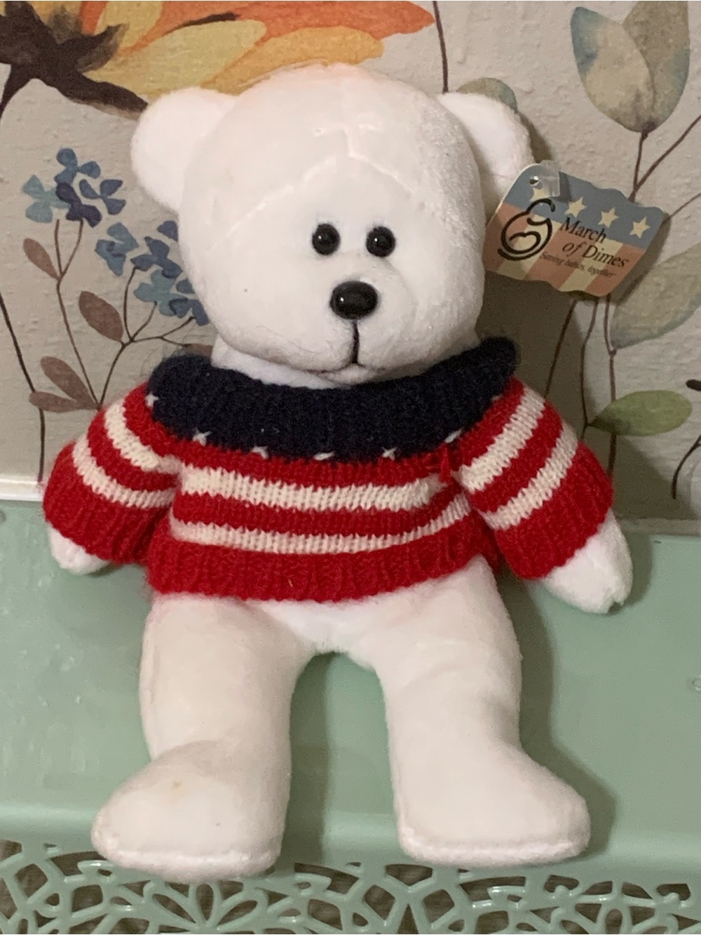 💎 March of Dimes Vintage Plushland White Bear with Red & Navy Striped Sweater